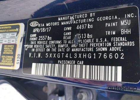 2017 Kia Optima Lx from USA, damaged, VIN 5XXGT4L3XHG176602